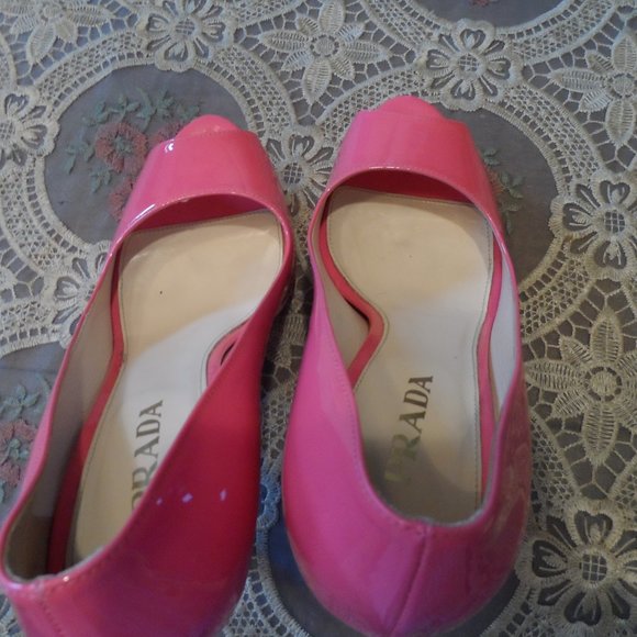 Prada Rose Pink Patent Leather Peep Toe Platform Heels Size 38B - Picture 8 of 16